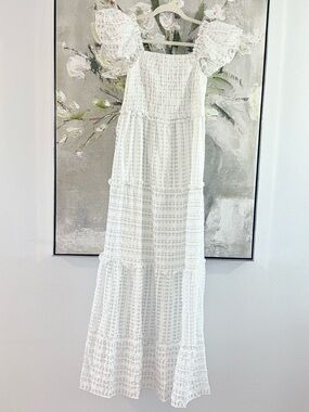 HEYSON Nantucket Smocked White and Black Tiered Maxi Dress